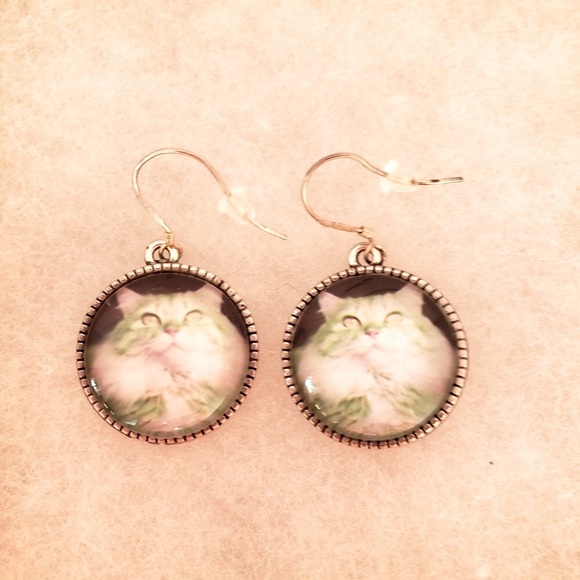 Artisan Crafted 1 1/8” Kitten Cabochons on Sterling Silver EarWires - Picture 1 of 4